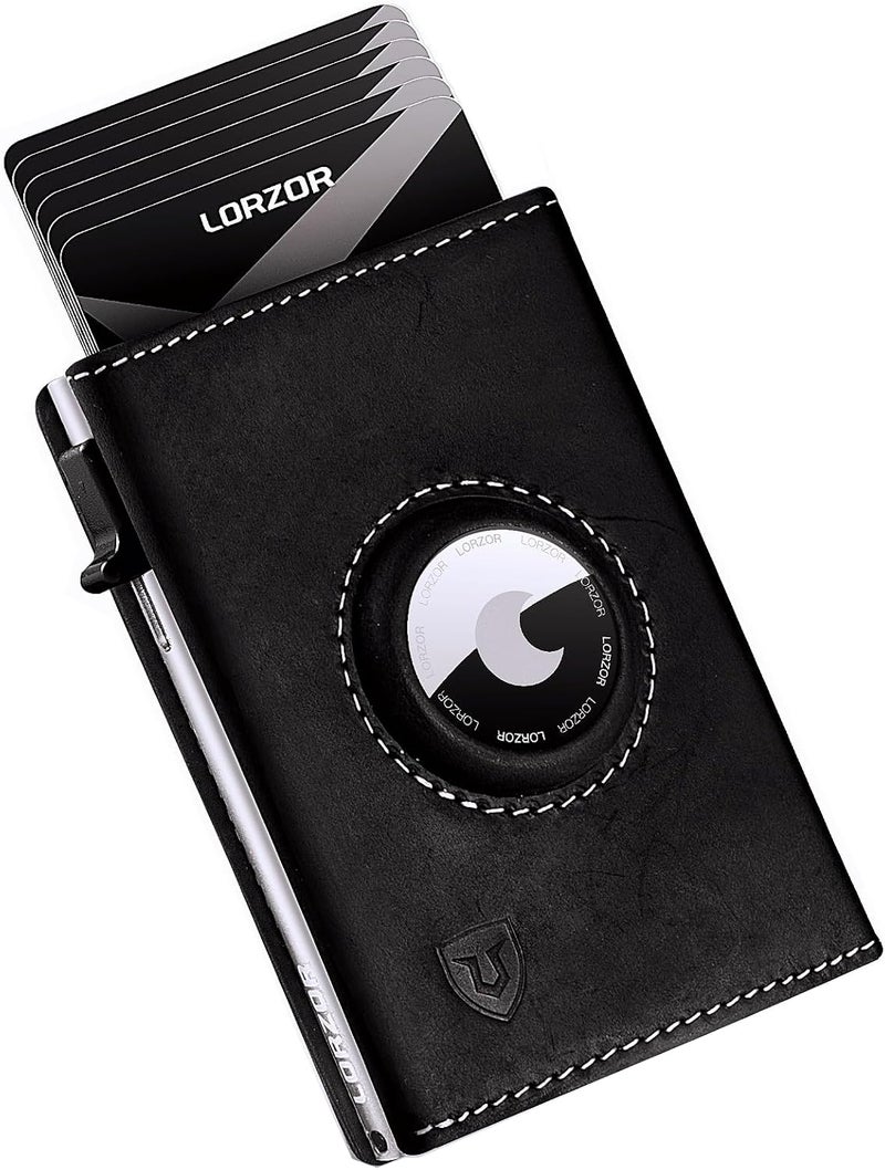 LORZOR AirTag Wallet - Full Grain Leather, Mens Minimalist Wallet with Apple Air Tag Holder, Slim Smart Pop up Card Case, ID Window, RFID Blocking, Front Pocket (AirTag Not Included) - Image 1